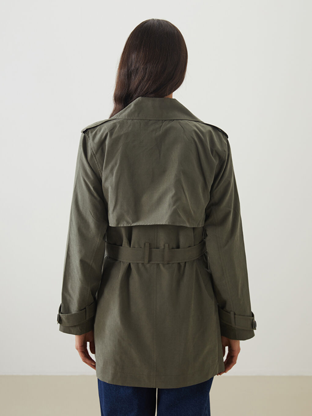 Haki Kruvaze Yaka Kadın Trençkot-4