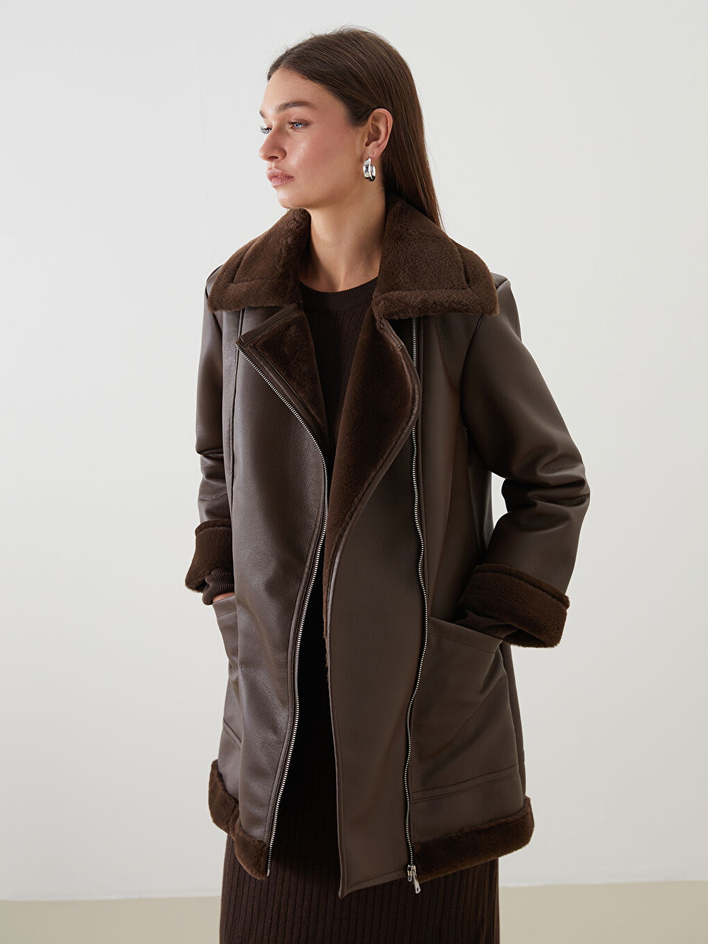 LCW Modest Women's Biker Neck Plain Faux Leather Jacket -W51605Z8-L0C