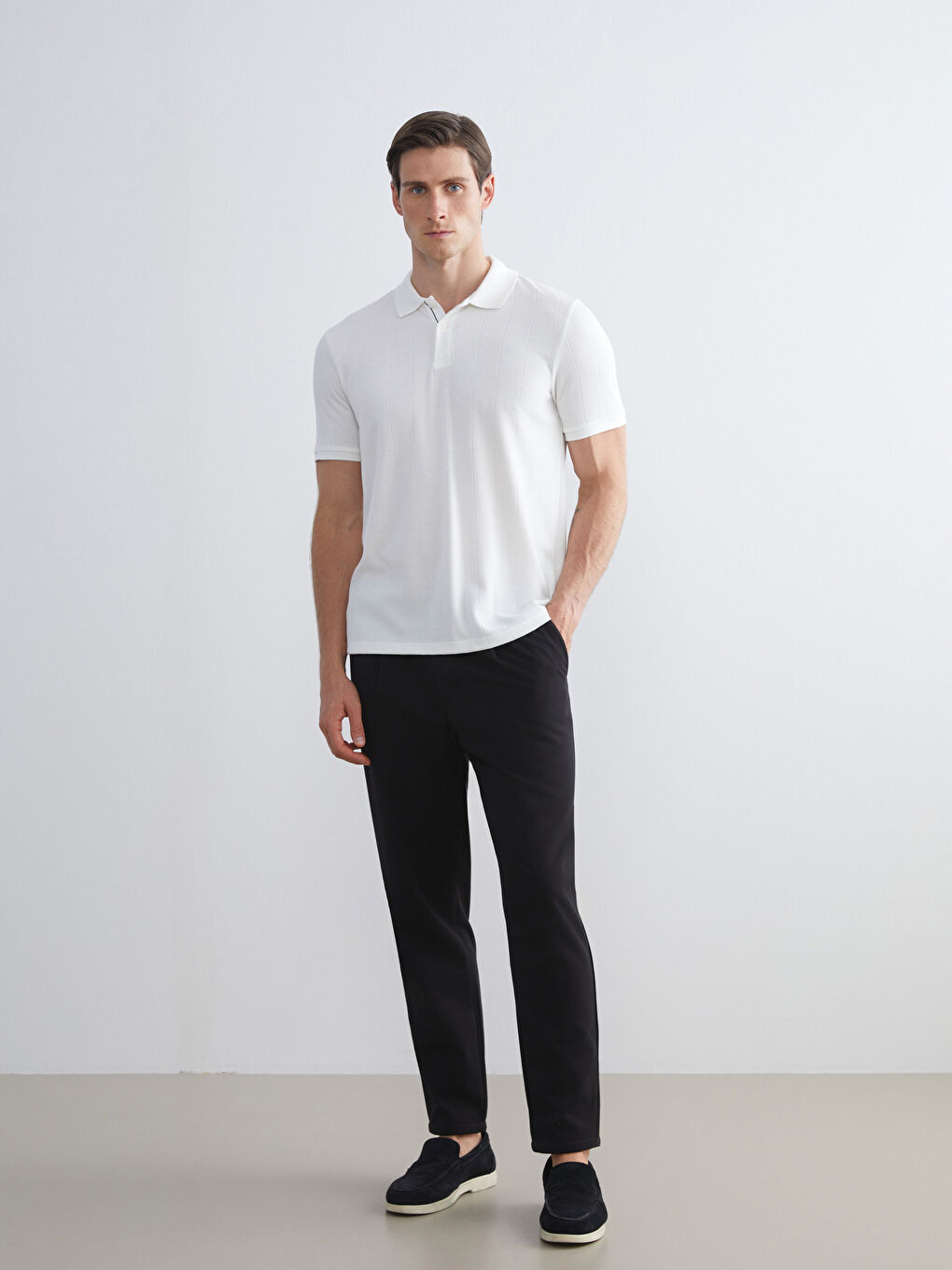 Ekru Polo Yaka Çizgili Erkek Tişört-1