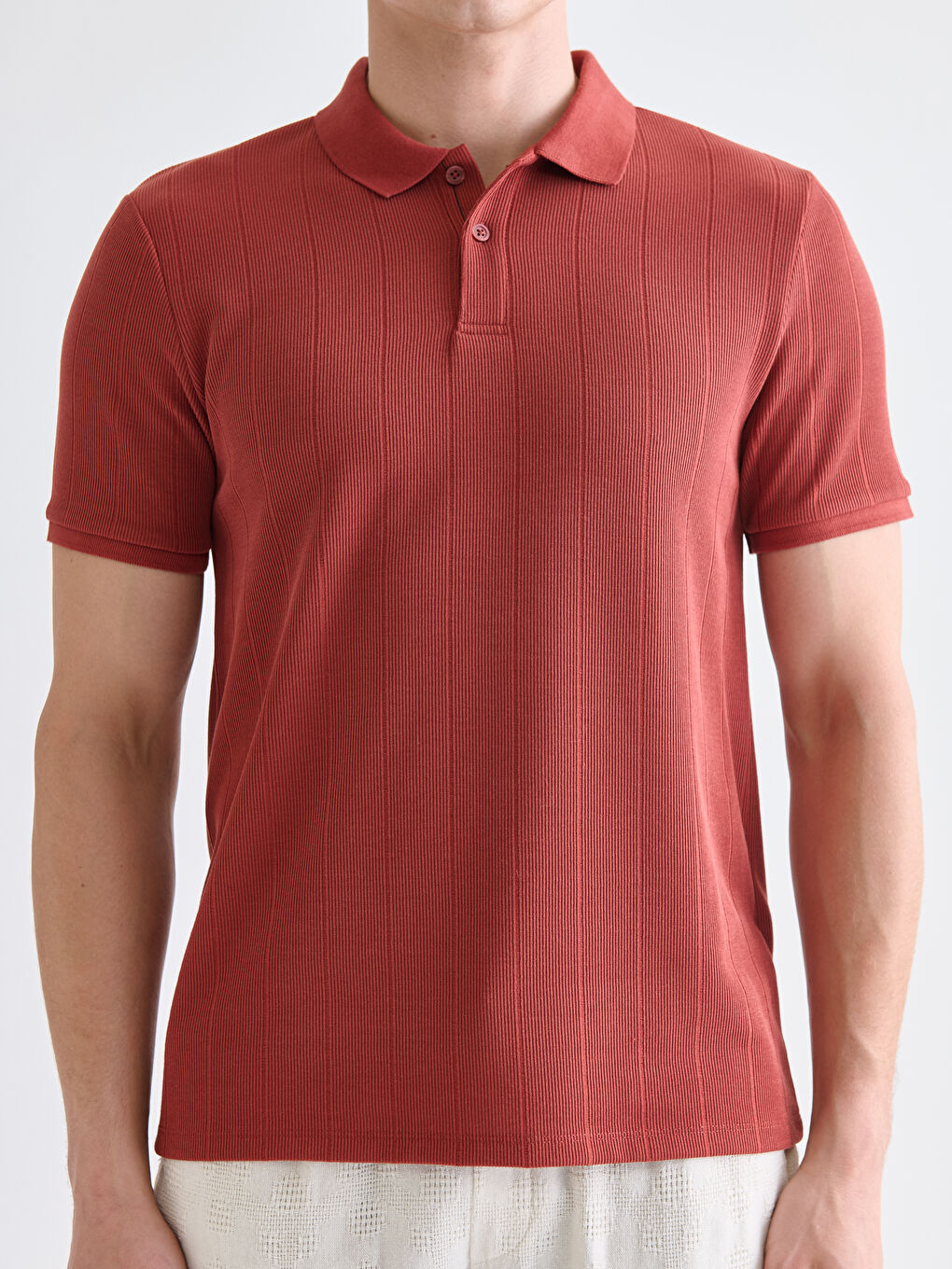 Kahverengi Polo Yaka Çizgili Erkek Tişört-2