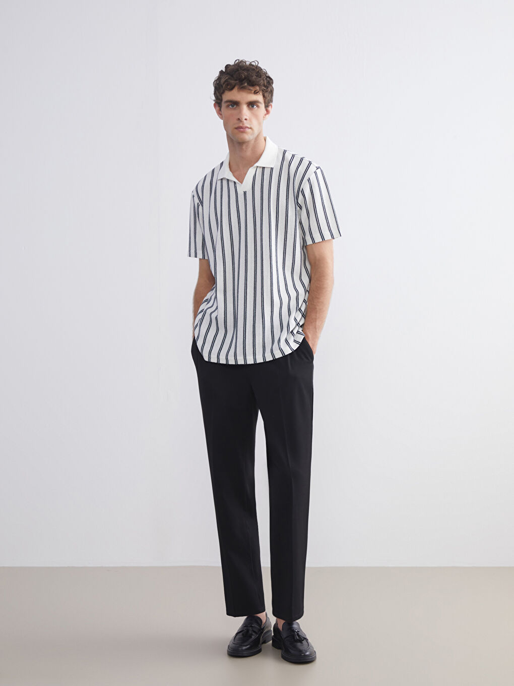 Lacivert Polo Yaka Çizgili Erkek Tişört-1