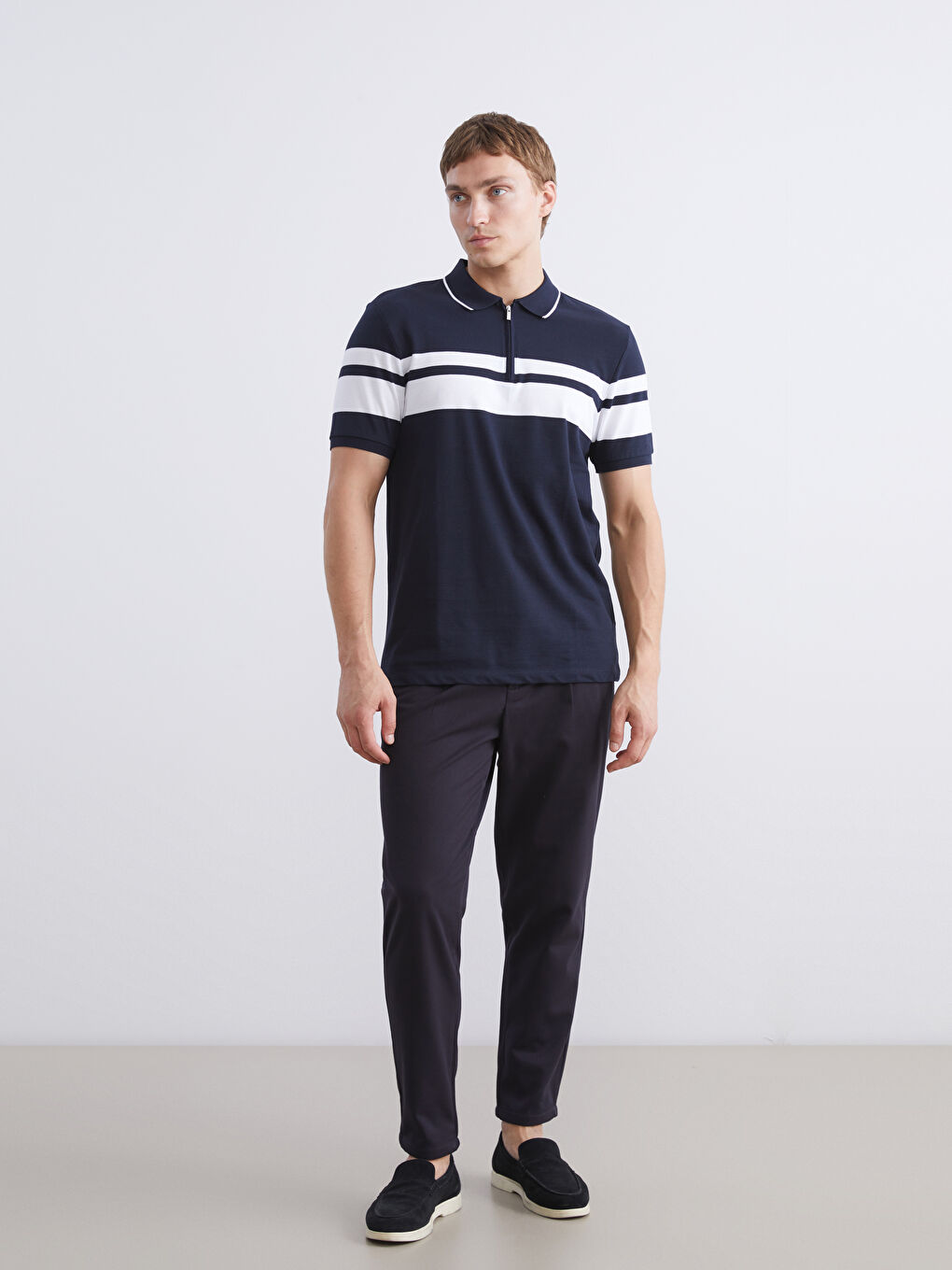 Lacivert Polo Yaka Çizgili Erkek Tişört-1