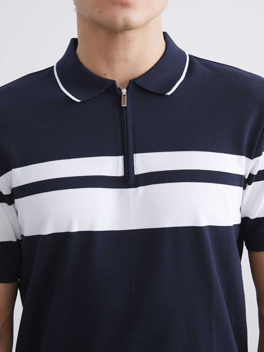 Lacivert Polo Yaka Çizgili Erkek Tişört-2