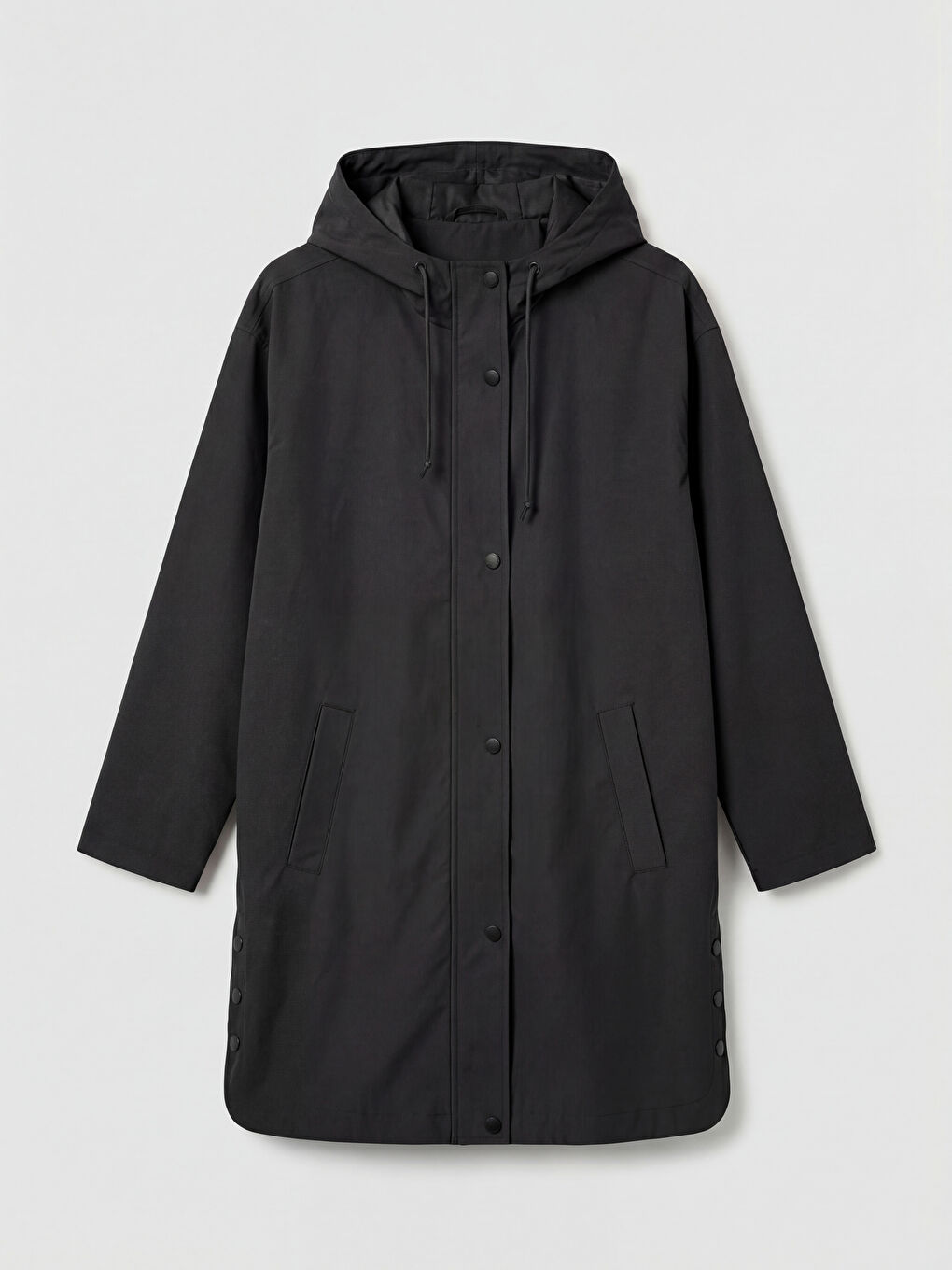 Siyah Kadın Kapüşonlu Düz Yağmurluk-3