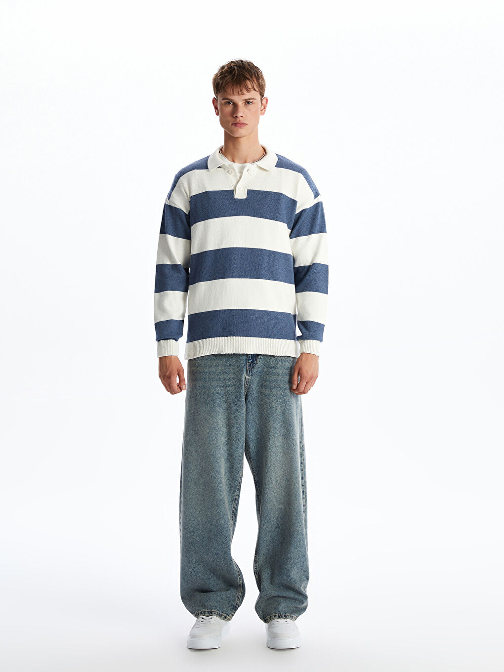 İndigo Polo Yaka Uzun Kollu Çizgili Erkek Triko Kazak-1