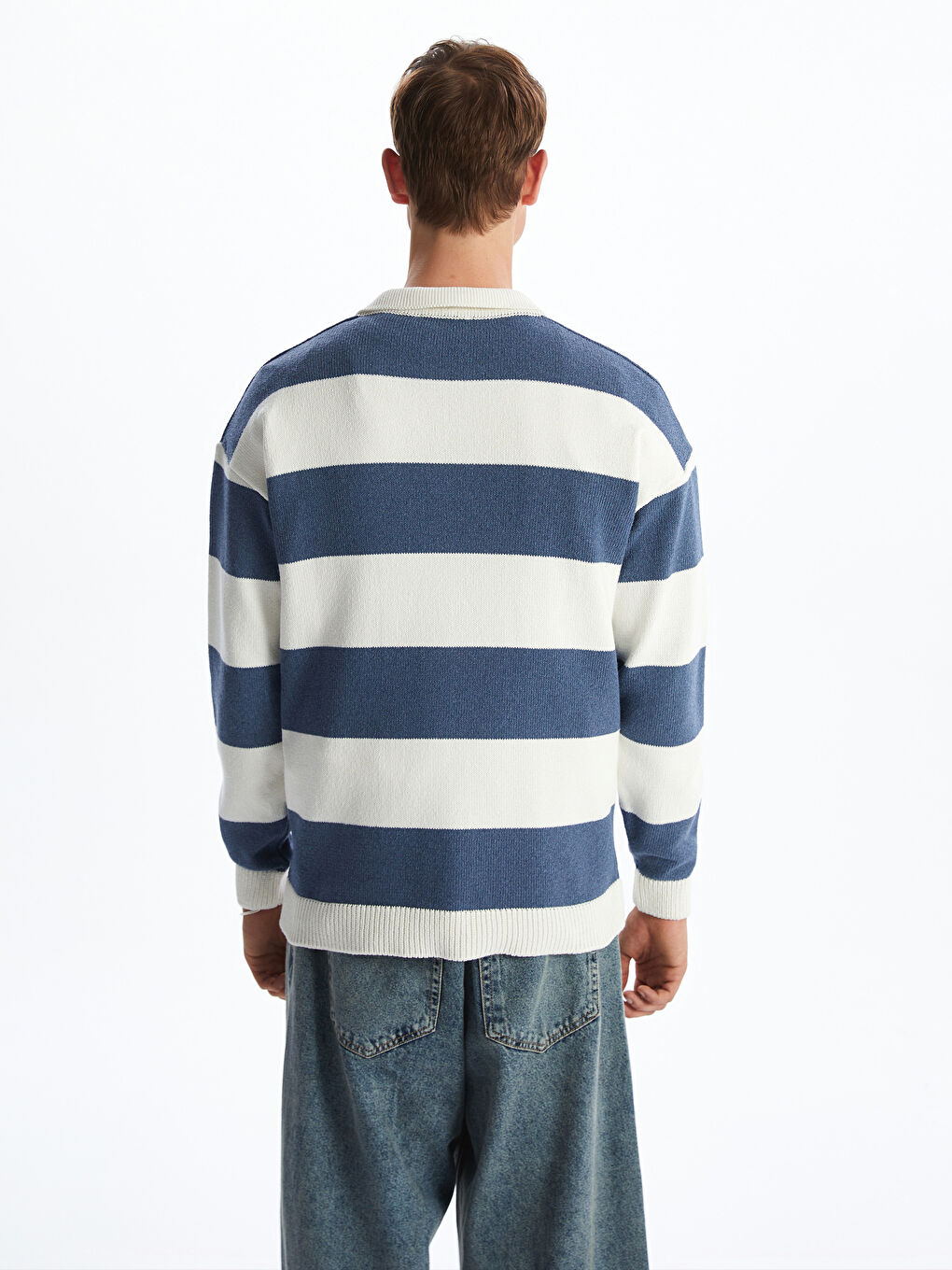 İndigo Polo Yaka Uzun Kollu Çizgili Erkek Triko Kazak-3