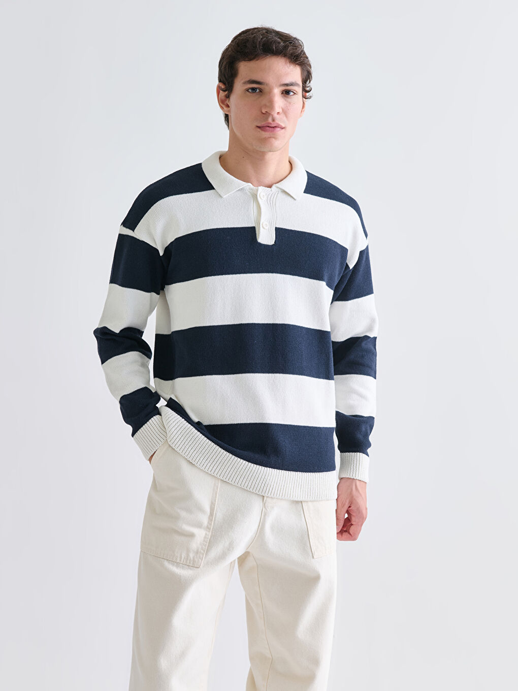 Lacivert Polo Yaka Uzun Kollu Çizgili Erkek Triko Kazak-1