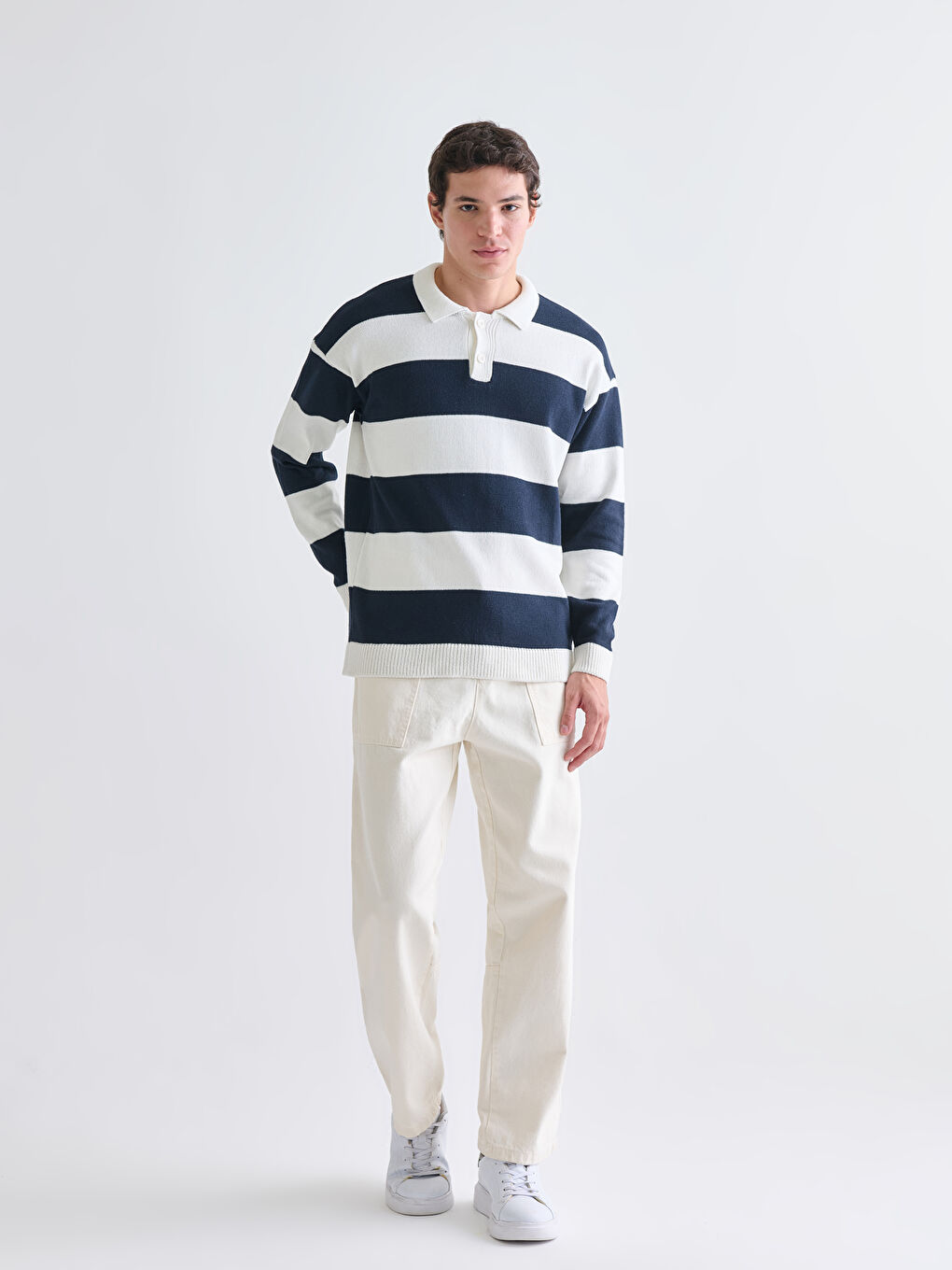 Lacivert Polo Yaka Uzun Kollu Çizgili Erkek Triko Kazak-2