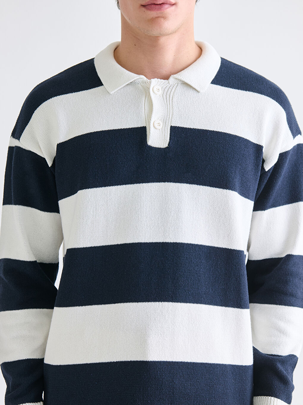 Lacivert Polo Yaka Uzun Kollu Çizgili Erkek Triko Kazak-4