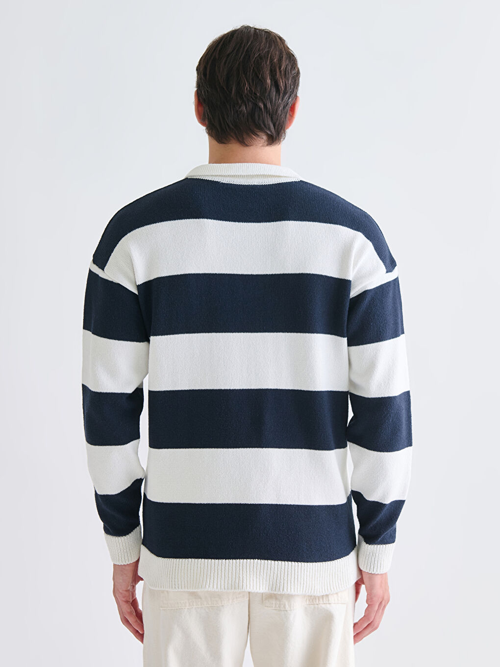 Lacivert Polo Yaka Uzun Kollu Çizgili Erkek Triko Kazak-6