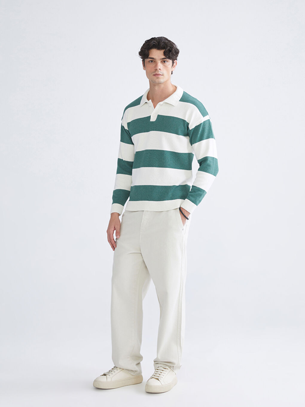 Yeşil Polo Yaka Uzun Kollu Çizgili Erkek Triko Kazak-1