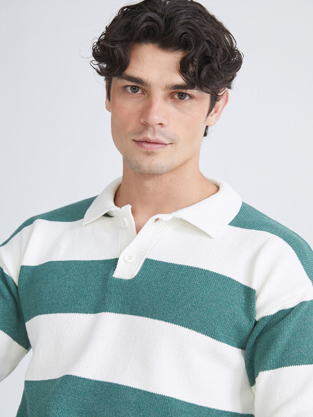Yeşil Polo Yaka Uzun Kollu Çizgili Erkek Triko Kazak-2