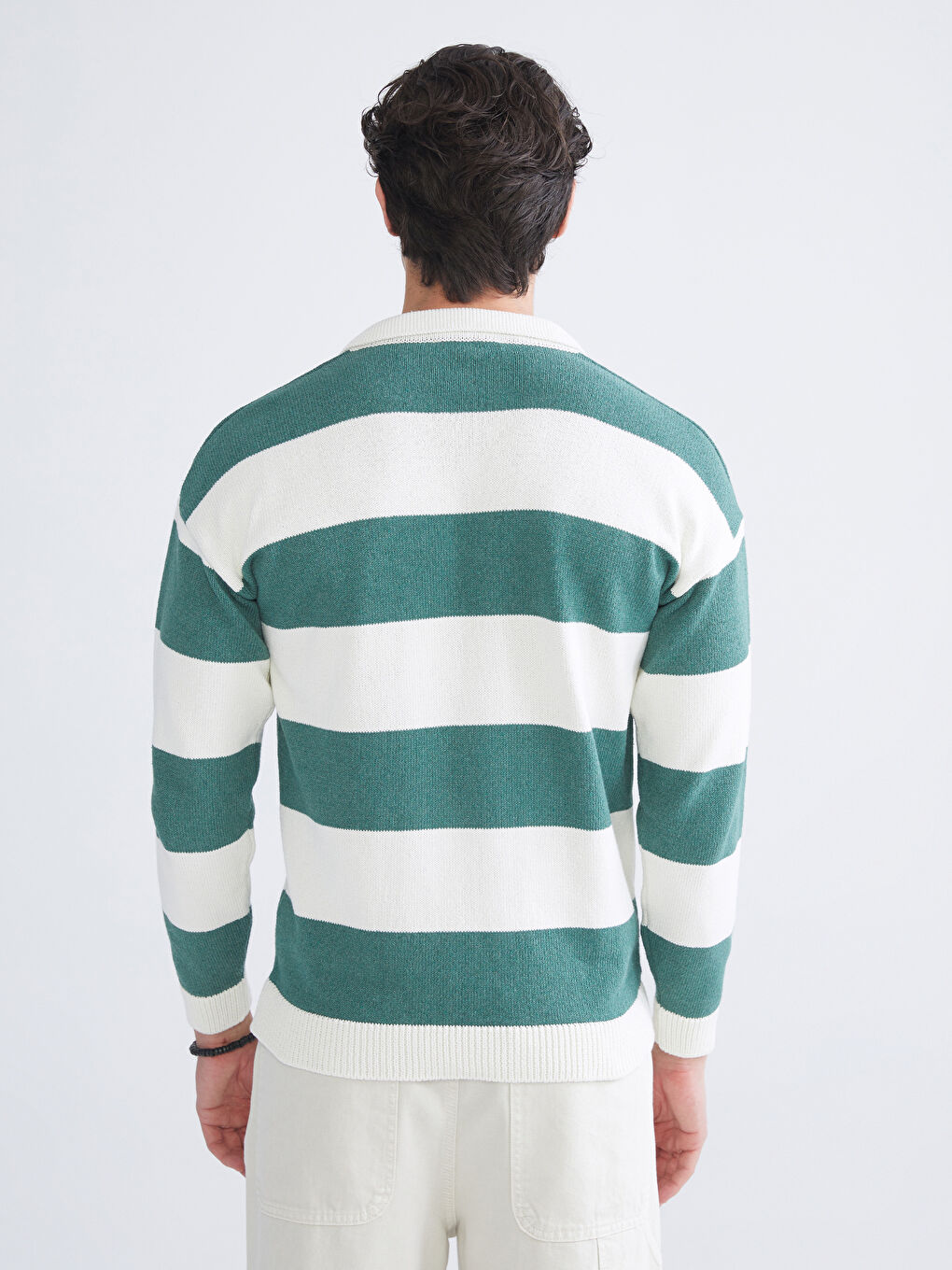 Yeşil Polo Yaka Uzun Kollu Çizgili Erkek Triko Kazak-3