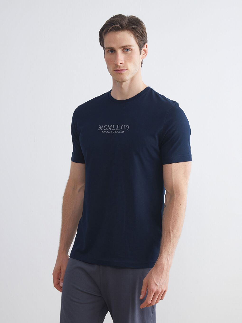 Lacivert Bisiklet Yaka Baskılı Erkek Pijama Üst