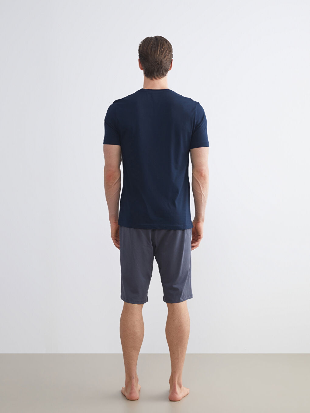 Lacivert Bisiklet Yaka Baskılı Erkek Pijama Üst-3