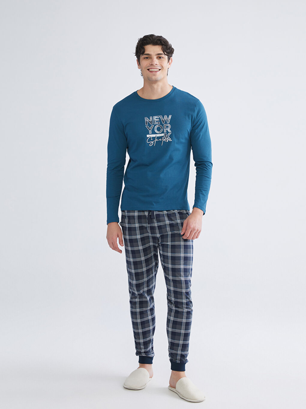 Petrol Bisiklet Yaka New York Baskılı Erkek Pijama Üst-1