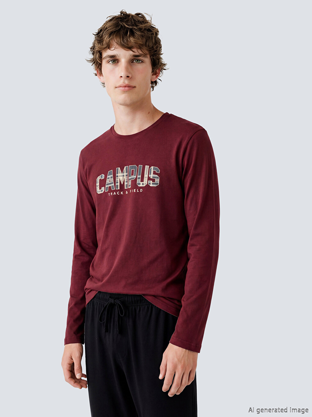 Bordo Bisiklet Yaka Baskılı Erkek Pijama Üst
