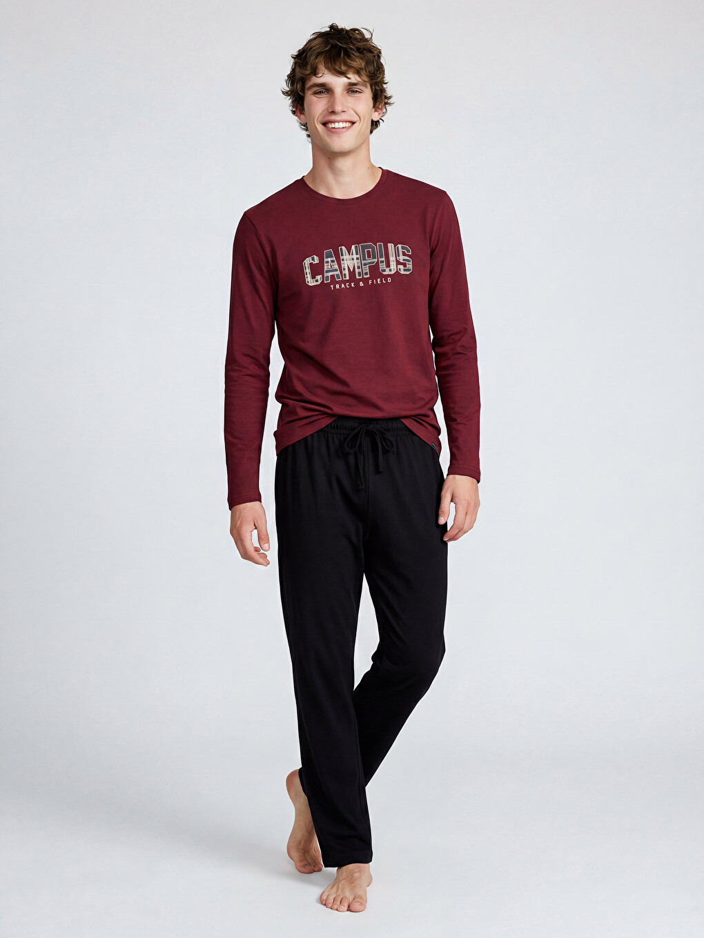 Bordo Bisiklet Yaka Baskılı Erkek Pijama Üst-1