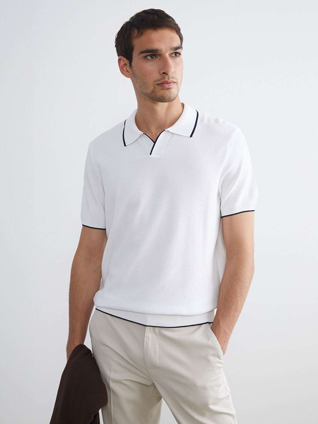 Ekru Polo Yaka Kısa Kollu Erkek Triko Kazak