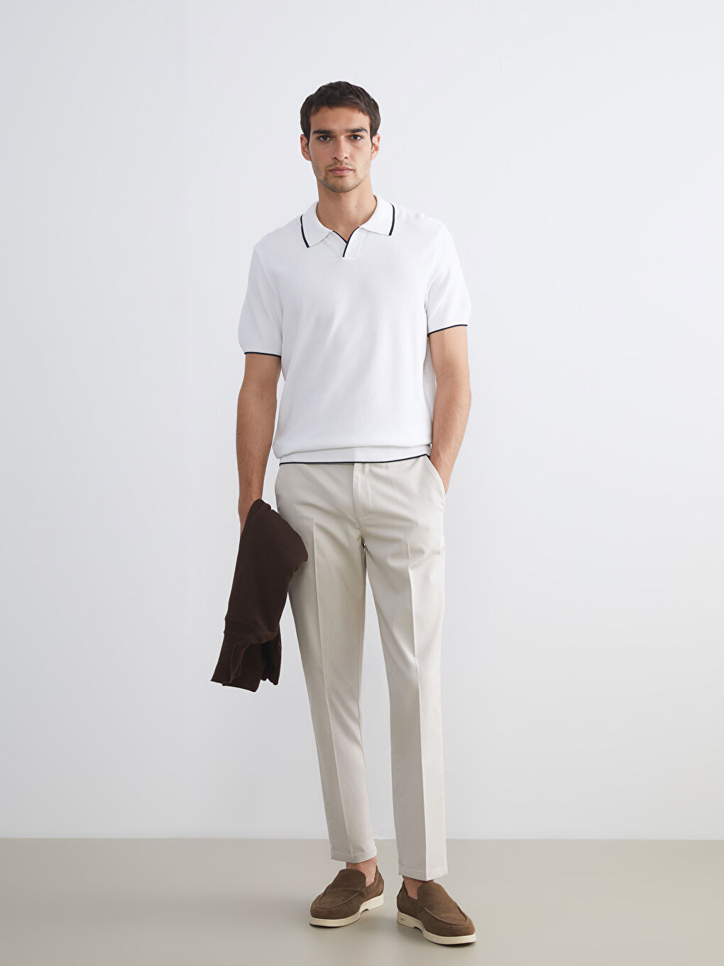 Ekru Polo Yaka Kısa Kollu Erkek Triko Kazak-1