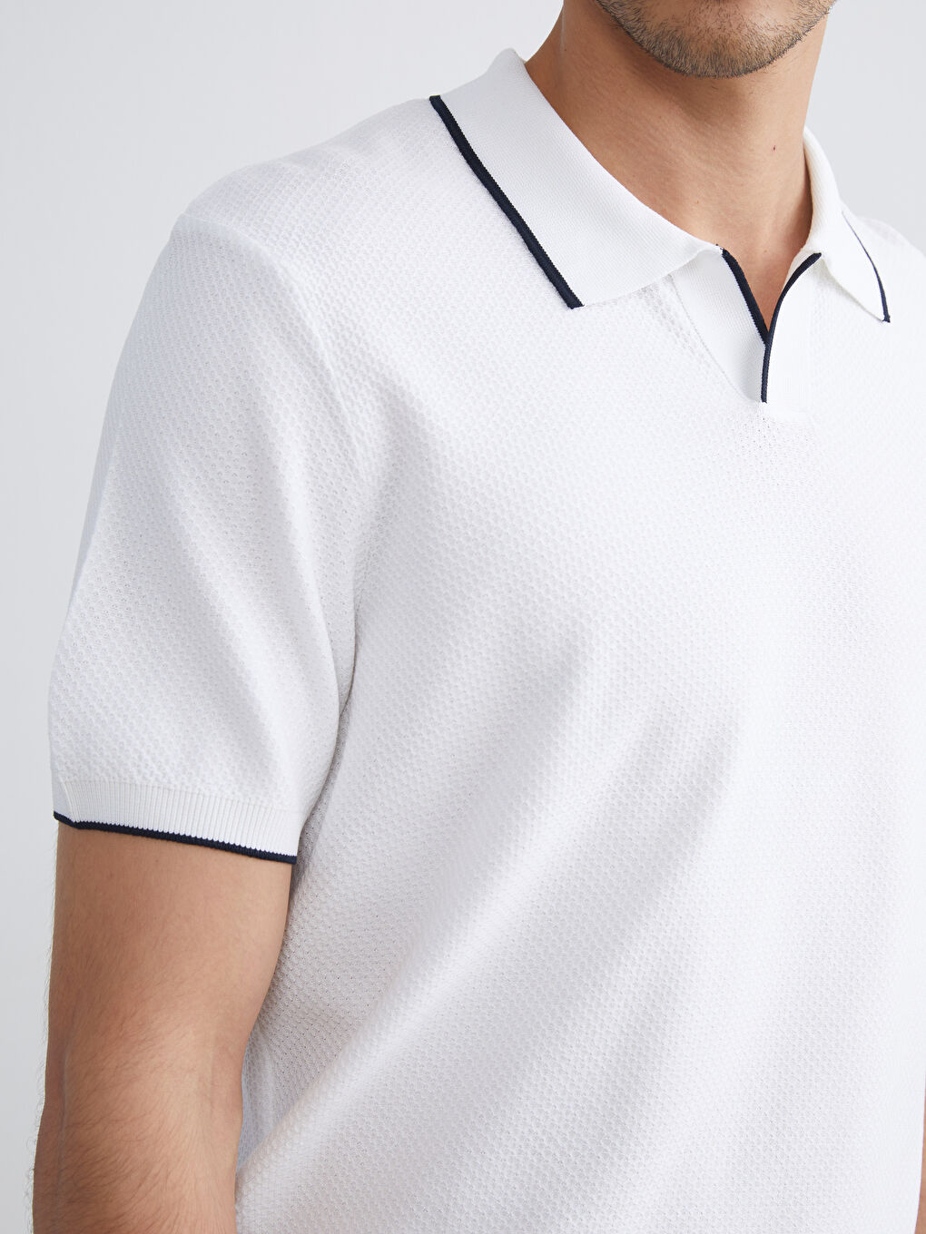 Ekru Polo Yaka Kısa Kollu Erkek Triko Kazak-2