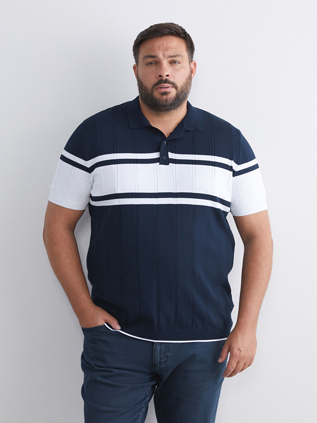 Polo Neck Short Sleeve Striped Men's Knitwear Sweater-1