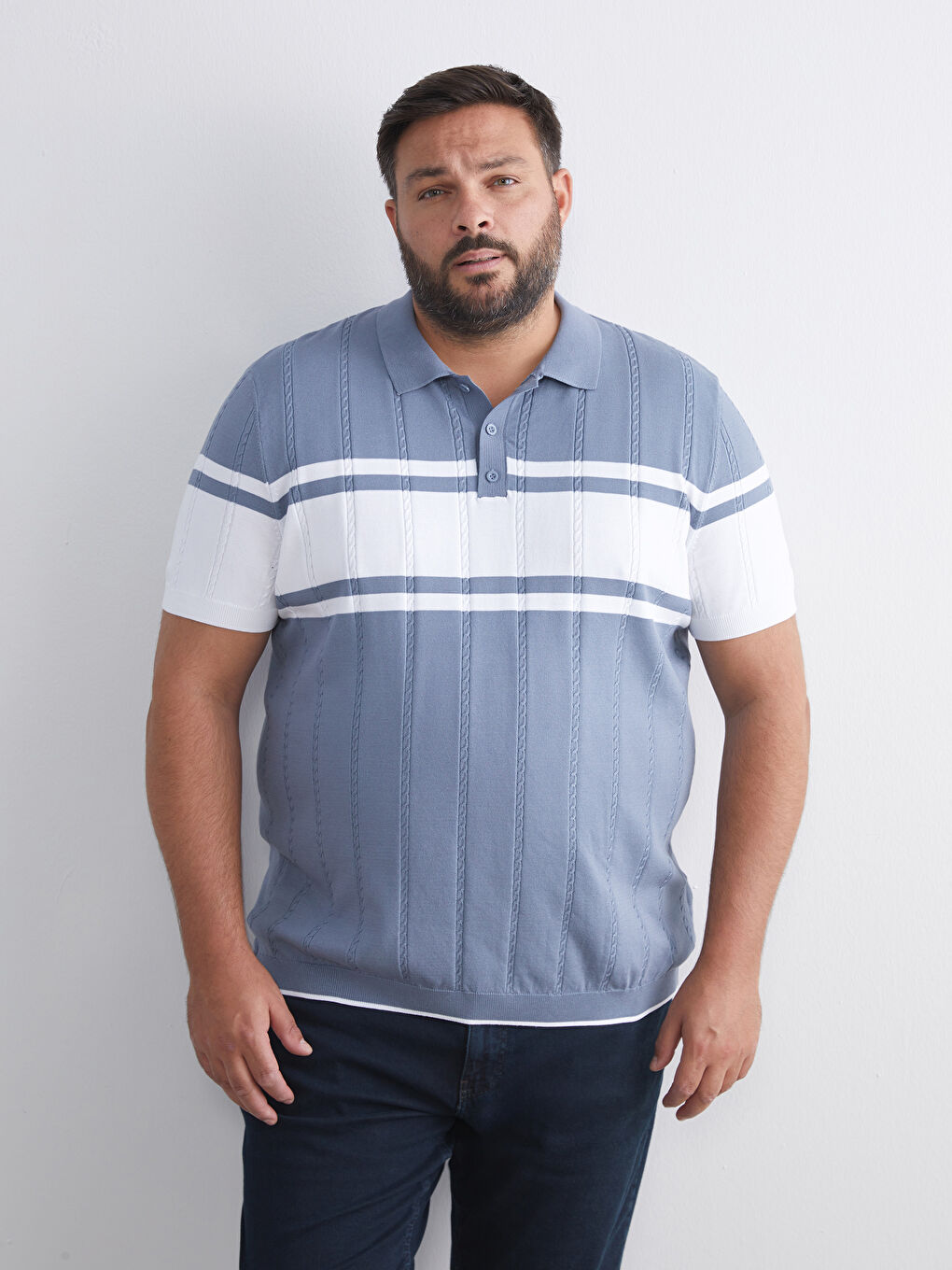 İndigo Polo Yaka Kısa Kollu Çizgili Erkek Triko Kazak-1