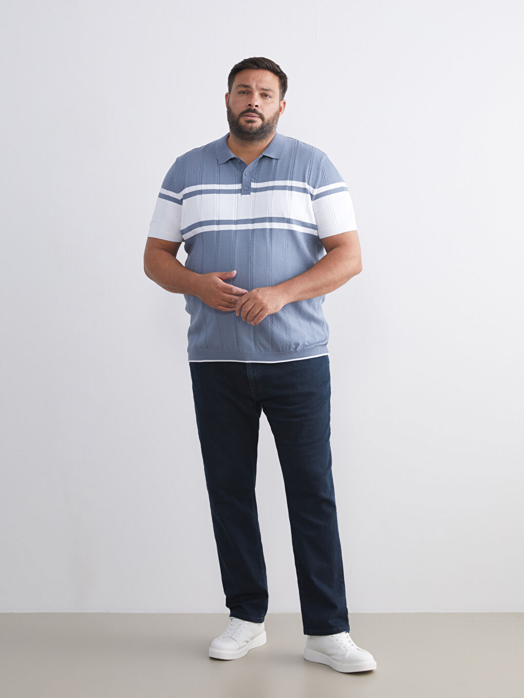 İndigo Polo Yaka Kısa Kollu Çizgili Erkek Triko Kazak-5