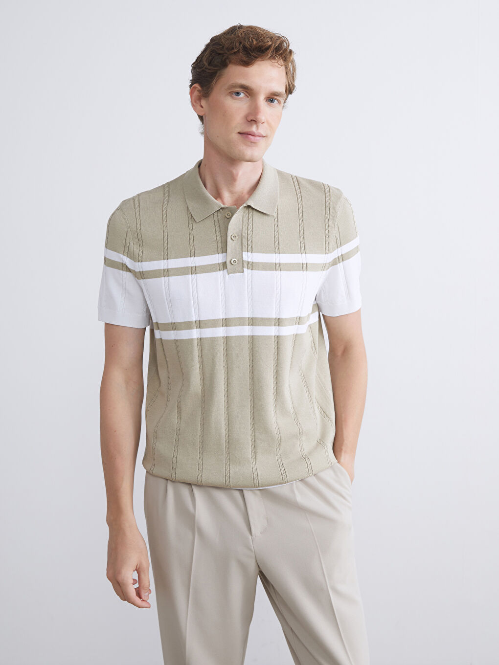 LCWAIKIKI Classic Polo Neck Short Sleeve Striped Men's Knitwear Sweater -W51863Z8-VW3