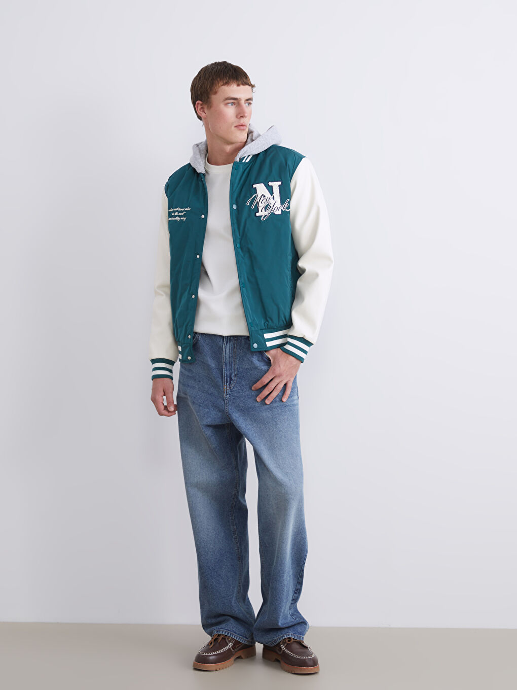 Yeşil Standart Kalıp Kolej Yaka Erkek Bomber Mont-1