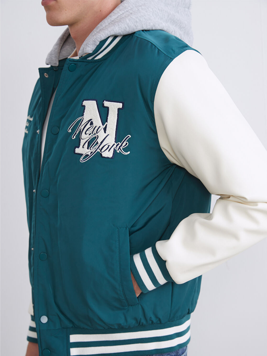 Yeşil Standart Kalıp Kolej Yaka Erkek Bomber Mont-2