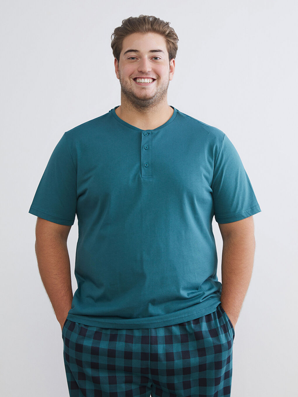 Petrol Standart Kalıp Ekose Erkek Pijama Takımı-1