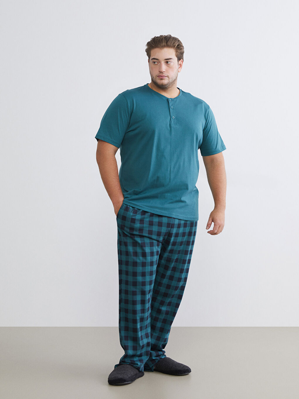Petrol Standart Kalıp Ekose Erkek Pijama Takımı-5