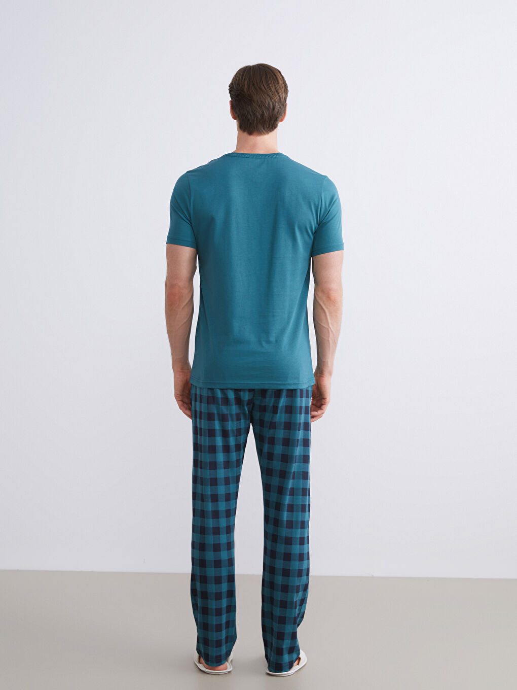 Petrol Standart Kalıp Ekose Erkek Pijama Takımı-4