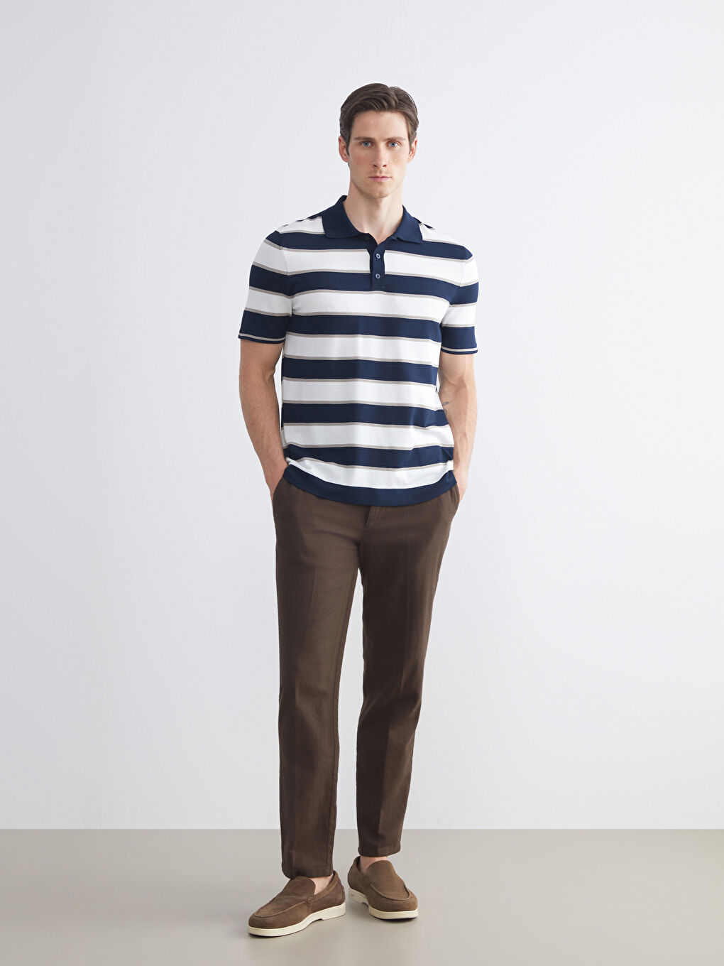 Lacivert Polo Yaka Kısa Kollu Çizgili Erkek Triko Kazak-1