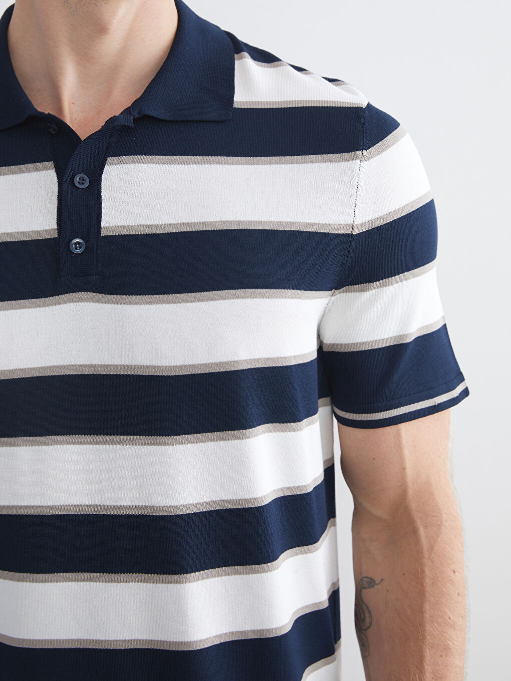 Lacivert Polo Yaka Kısa Kollu Çizgili Erkek Triko Kazak-2
