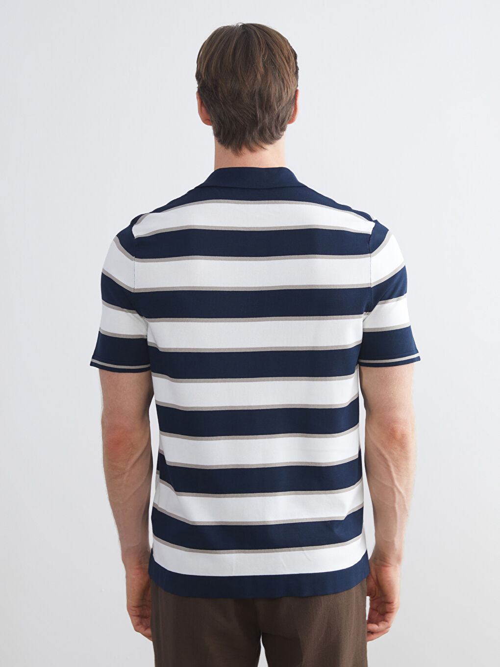 Lacivert Polo Yaka Kısa Kollu Çizgili Erkek Triko Kazak-3