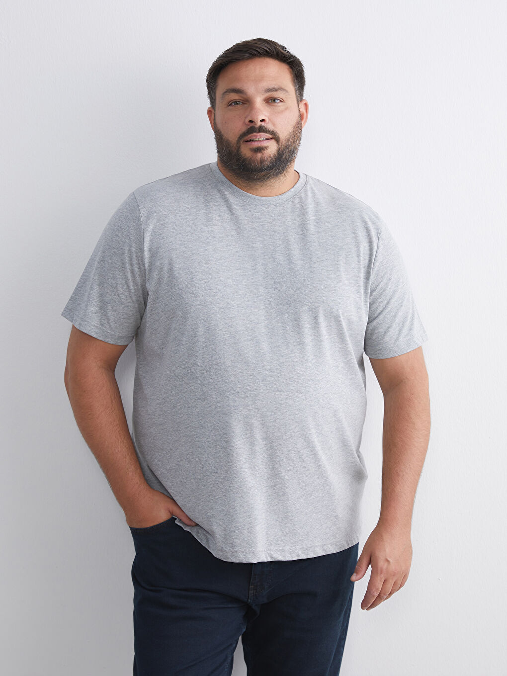 Gri Bisiklet Yaka Penye Erkek Tişört-1