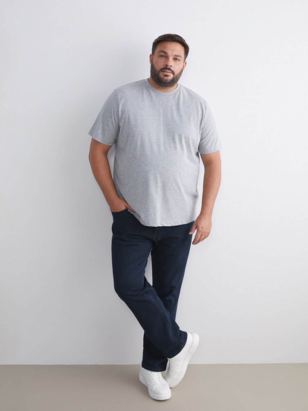 Gri Bisiklet Yaka Penye Erkek Tişört-5