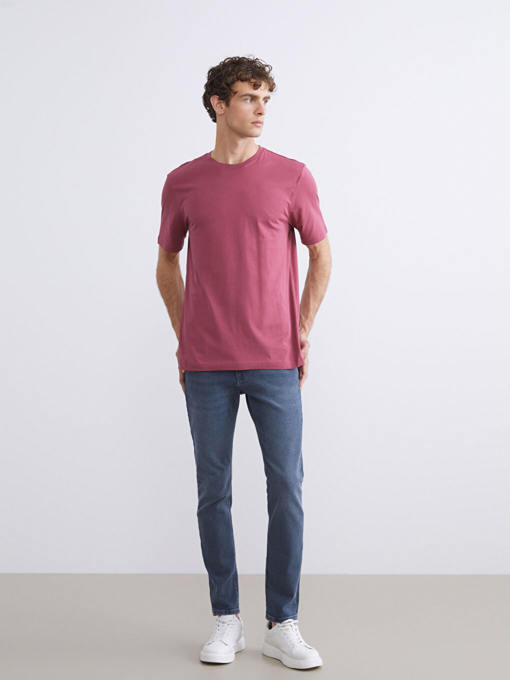 Pembe Bisiklet Yaka Penye Erkek Tişört-1