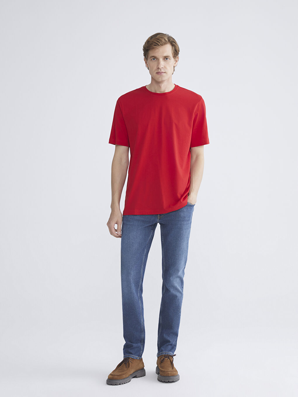 Kırmızı Bisiklet Yaka Penye Erkek Tişört-1