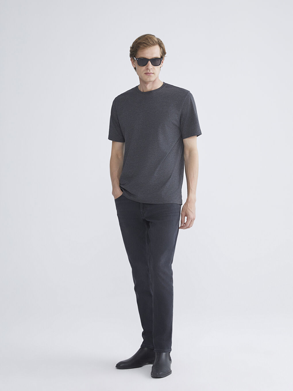 Antrasit Bisiklet Yaka Penye Erkek Tişört-1