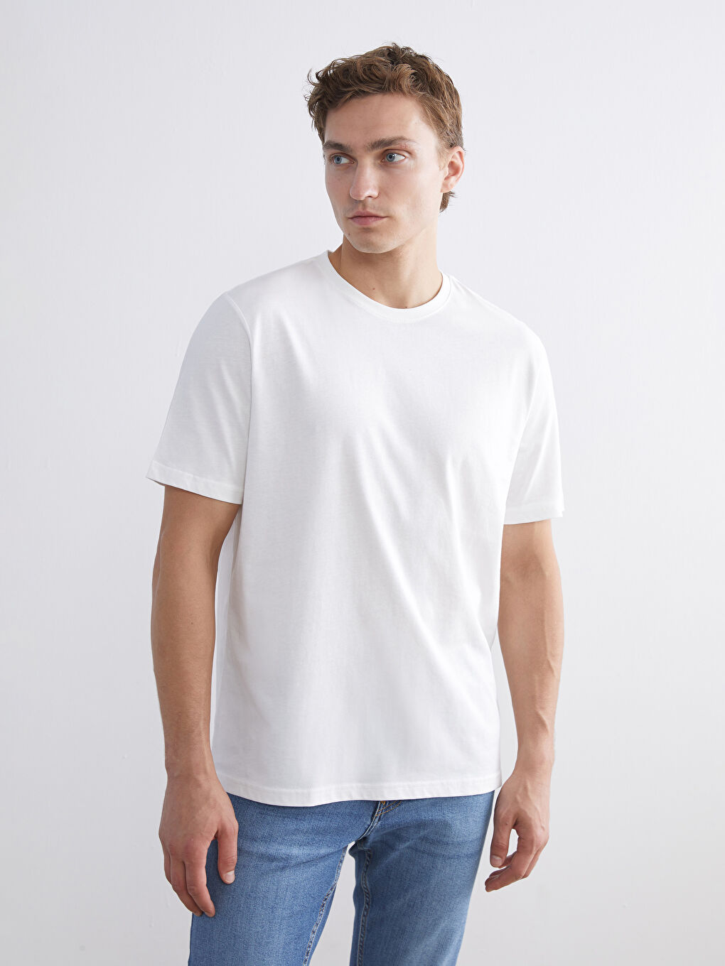 Ekru Bisiklet Yaka Penye Erkek Tişört