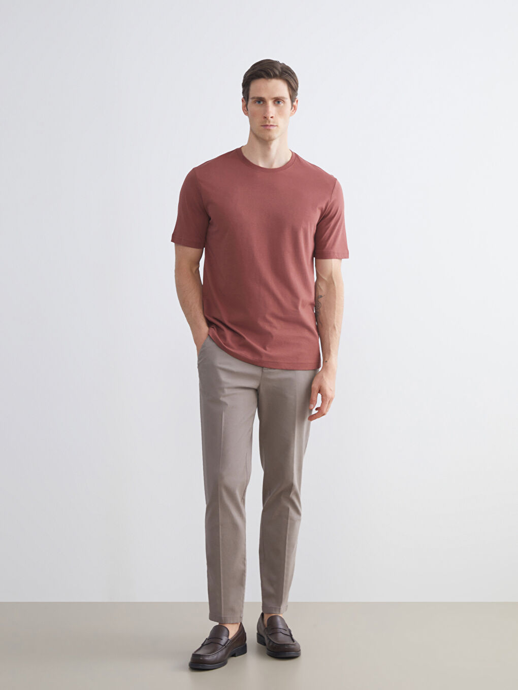 Bordo Bisiklet Yaka Penye Erkek Tişört-1