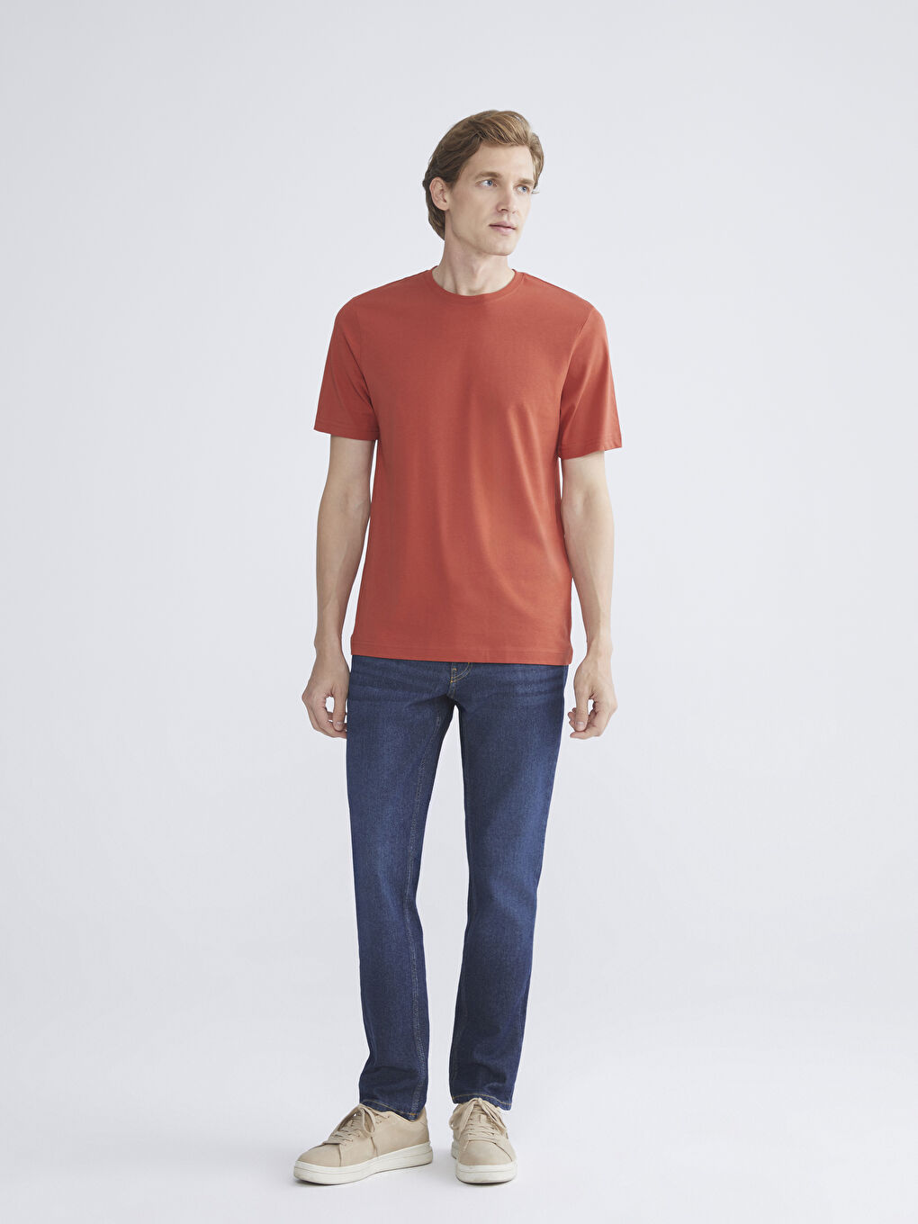 Turuncu Bisiklet Yaka Penye Erkek Tişört-1