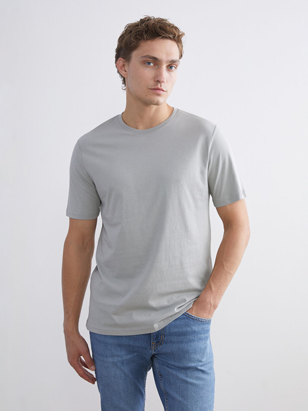 Gri Bisiklet Yaka Penye Erkek Tişört