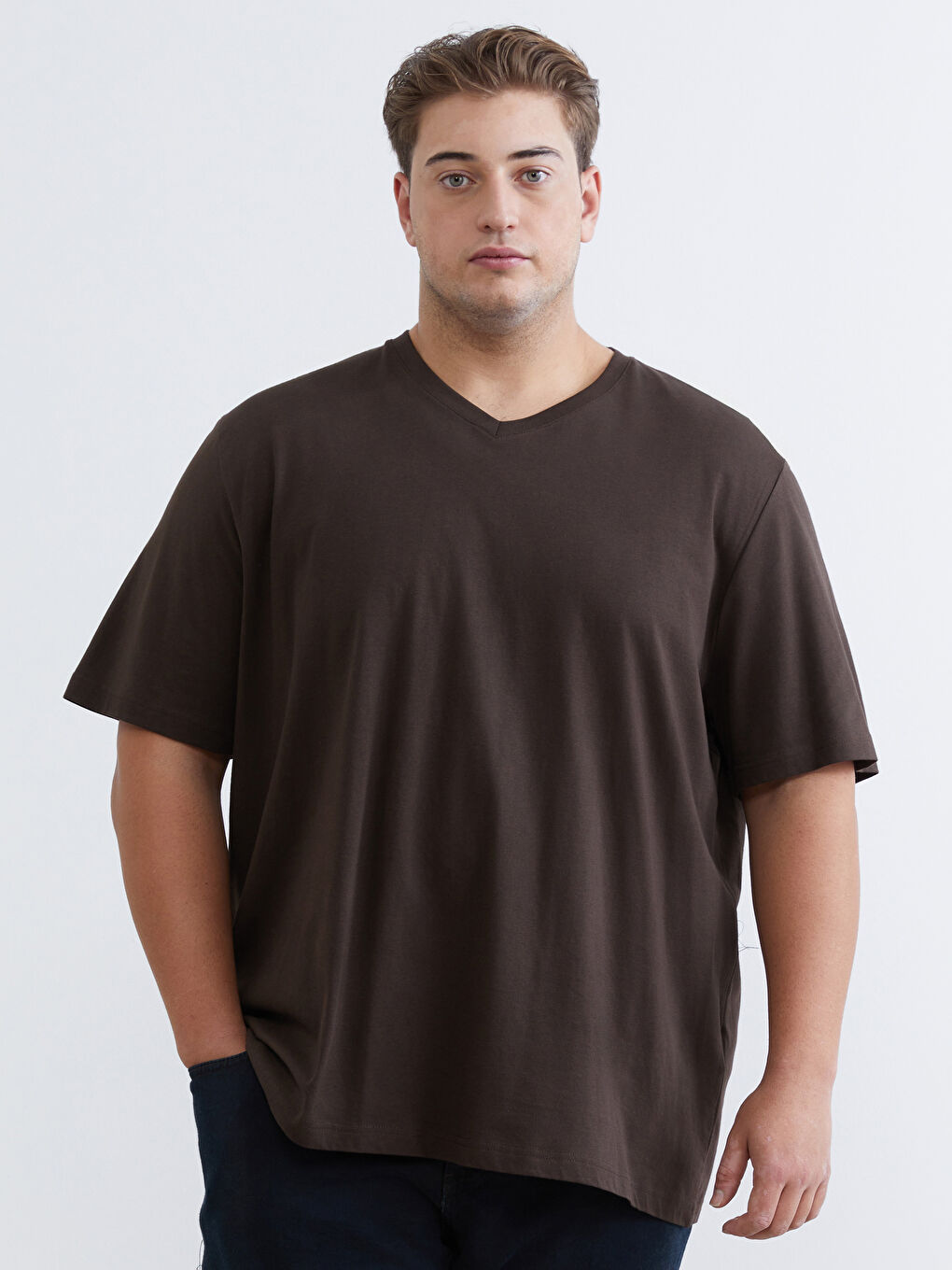 Plus Size V Neck Short Sleeve Combed Cotton Men's T-Shirt-1
