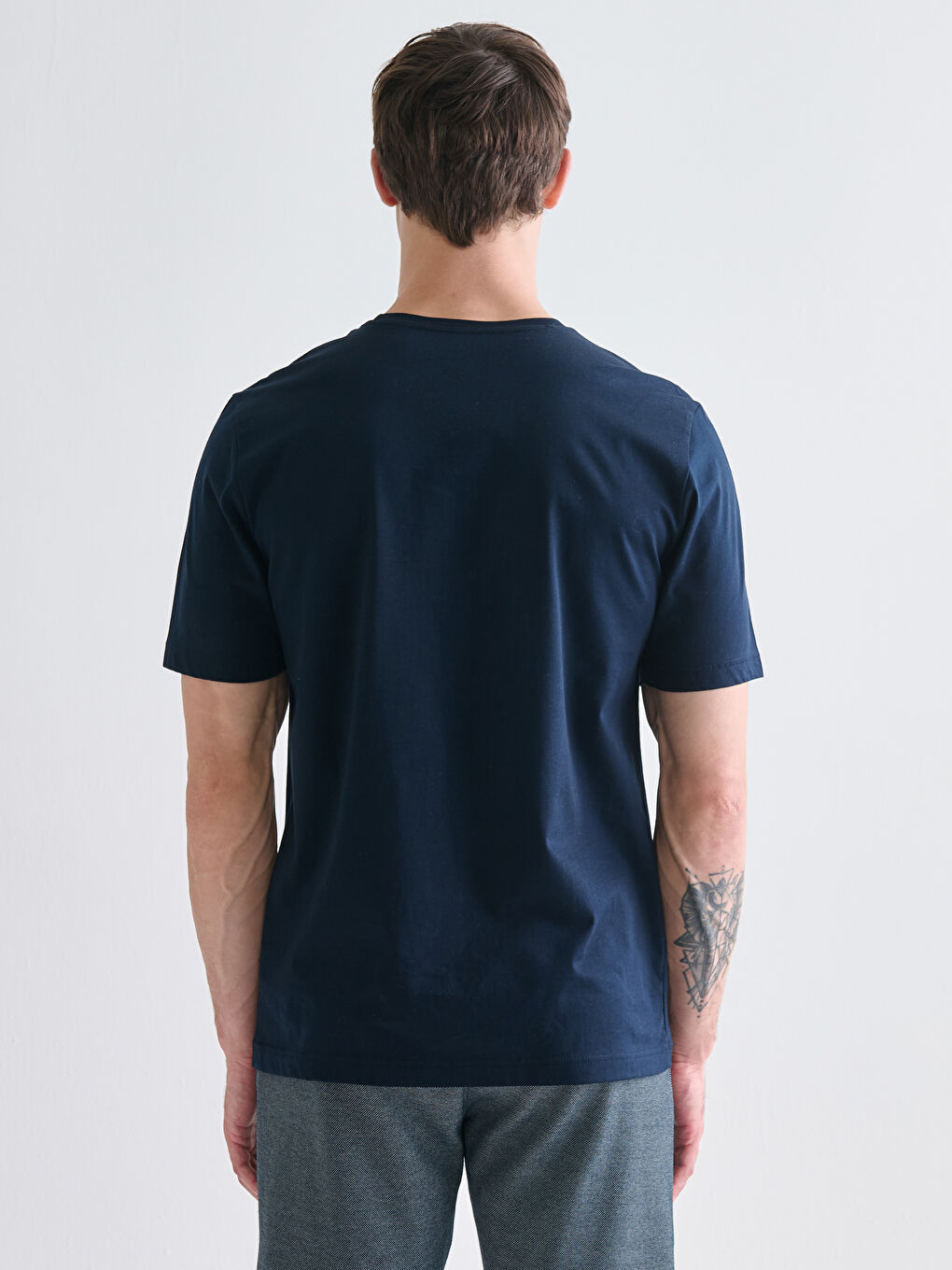 Lacivert Bisiklet Yaka Kısa Kollu Merserize Erkek Tişört-3