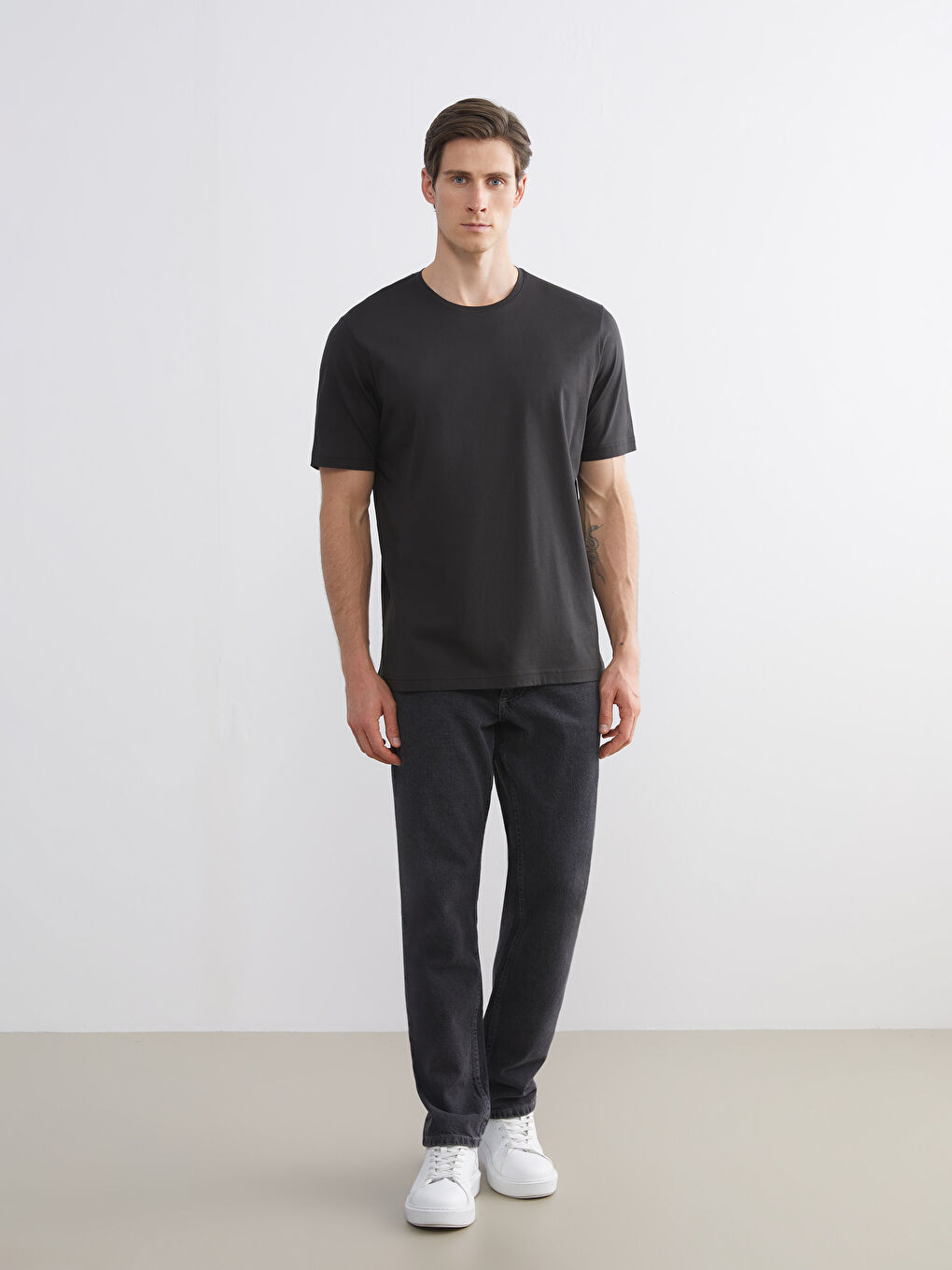 Antrasit Bisiklet Yaka Kısa Kollu Merserize Erkek Tişört-1