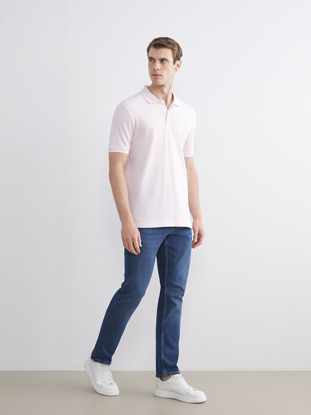 Pembe Polo Yaka Kısa Kollu Pike Erkek Tişört-1